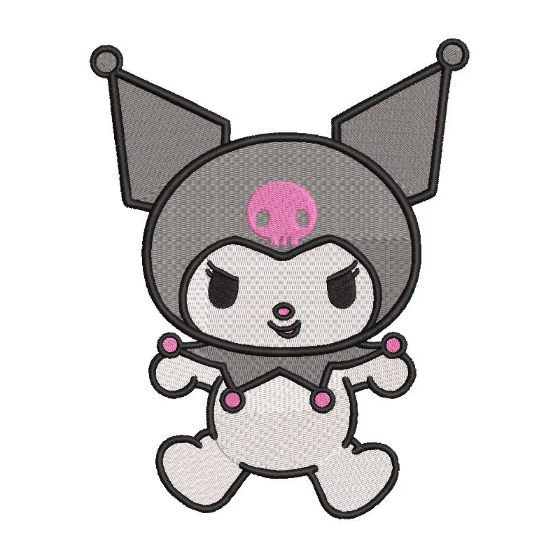 Funny kuromi embroidery design featuring a playful, mischievous character with a skull and pink accents.