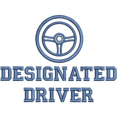 Designated driver embroidery design featuring elegant lettering and decorative elements on a fabric background.