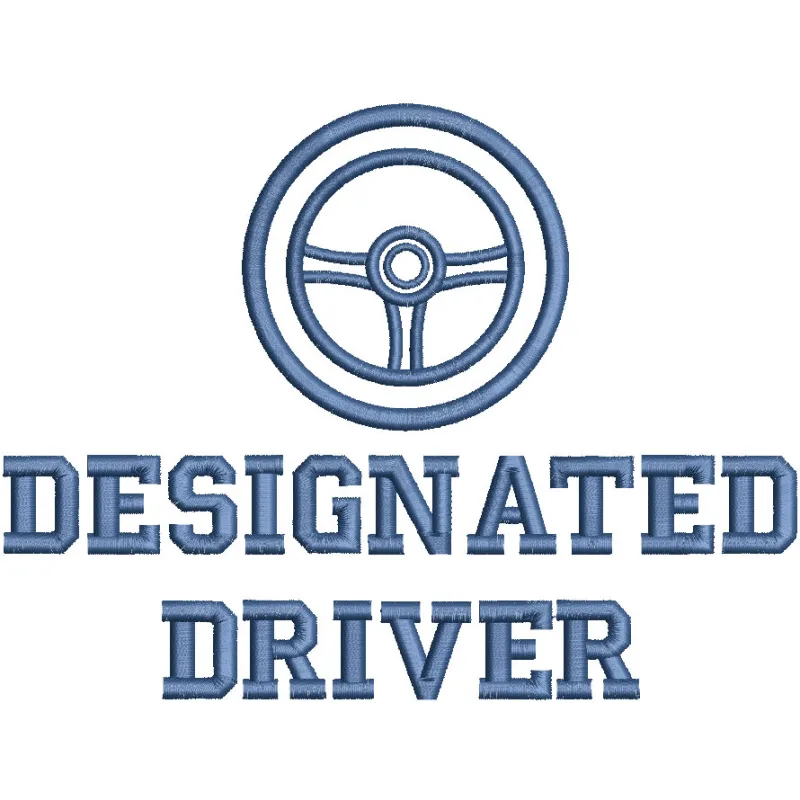 Designated driver embroidery design featuring elegant lettering and decorative elements on a fabric background.