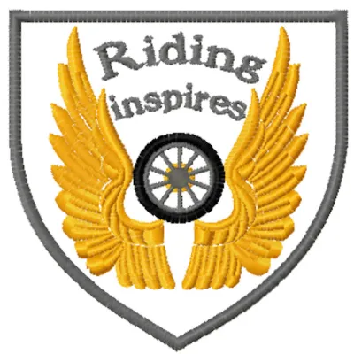 Riding inspires embroidery design featuring intricate stitching of a motorcycle and road elements.