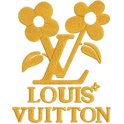 Gold Louis Vuitton embroidery design featuring intricate patterns on premium fabric in a stylish layout.
