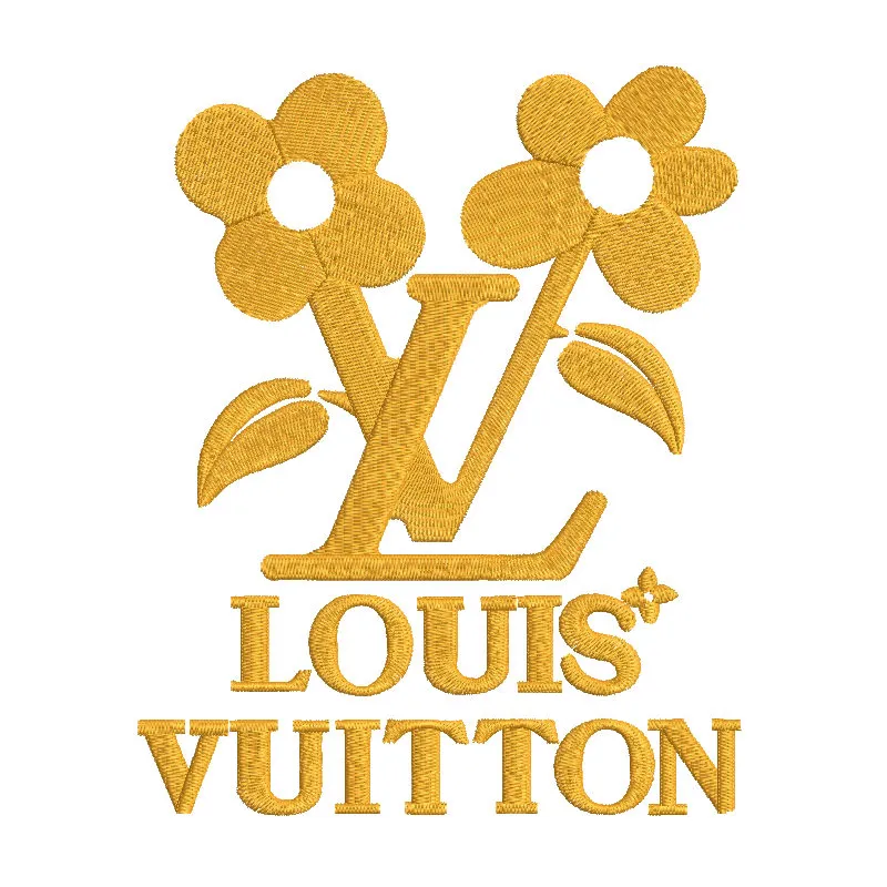 Gold Louis Vuitton embroidery design featuring intricate patterns on premium fabric in a stylish layout.