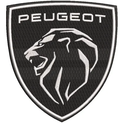 Peugeot shield logo embroidery design featuring the iconic lion emblem on a textured background.
