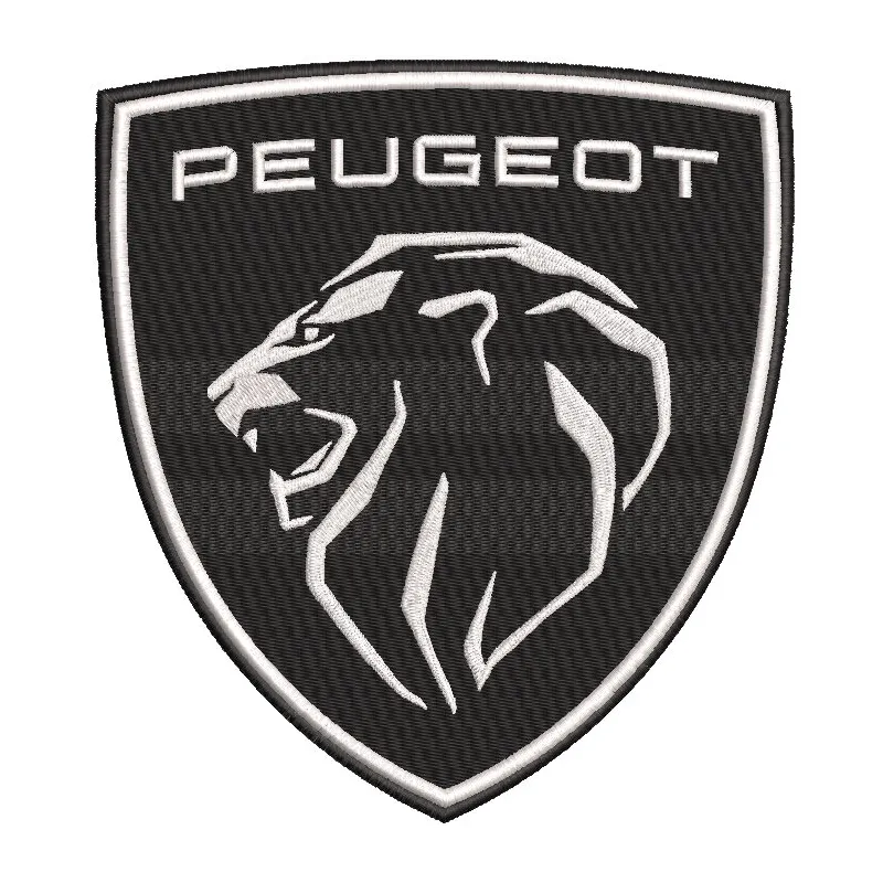 Peugeot shield logo embroidery design featuring the iconic lion emblem on a textured background.