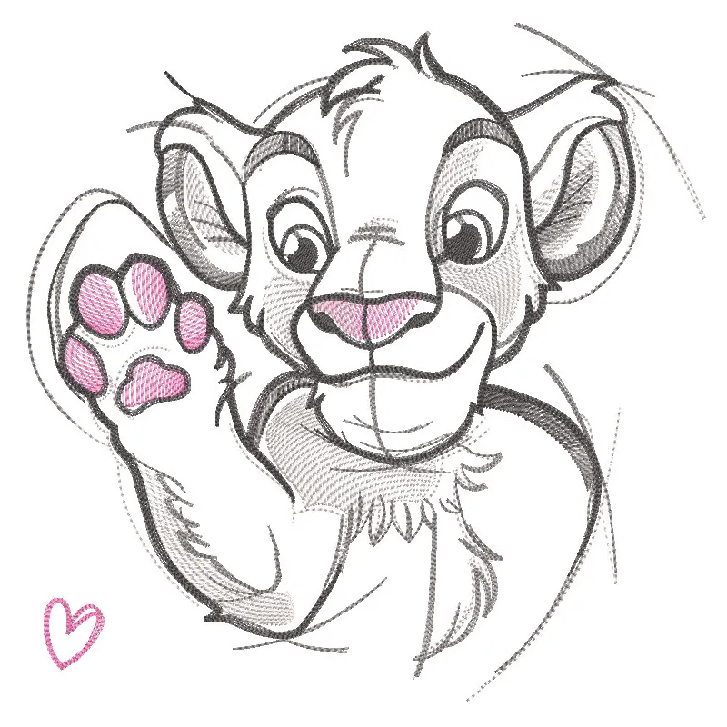 Romantic Simba sketch embroidery design showcasing a detailed, artistic portrayal of Simba from The Lion King.