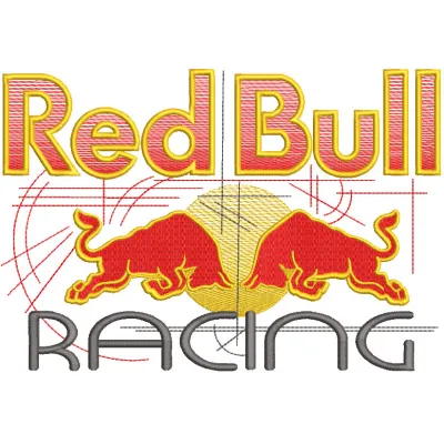 Red Bull Racing art logo embroidery design showcasing the iconic bull and racing elements in vibrant colors.