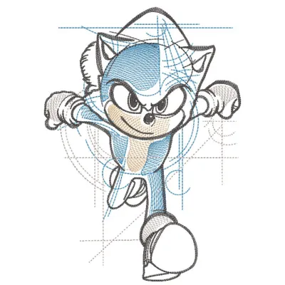 Sonic the Hedgehog running sketch embroidery design featuring a dynamic pose and intricate stitching details.