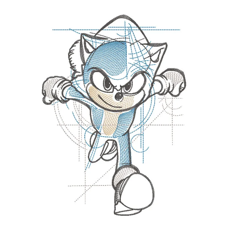 Sonic the Hedgehog running sketch embroidery design featuring a dynamic pose and intricate stitching details.