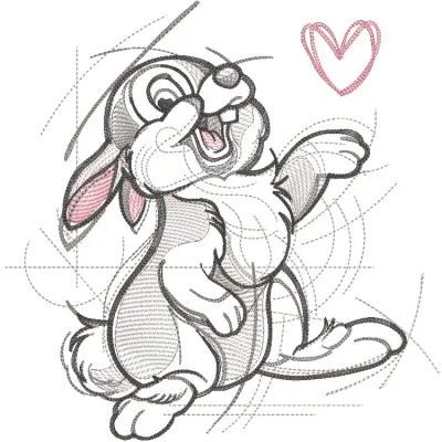 Thumper romantic sketch embroidery design featuring a charming illustration of Thumper from Bambi.