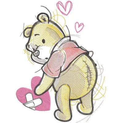 Winnie the Pooh sick heart embroidery design featuring Pooh, Piglet, and Tigger in a playful layout.