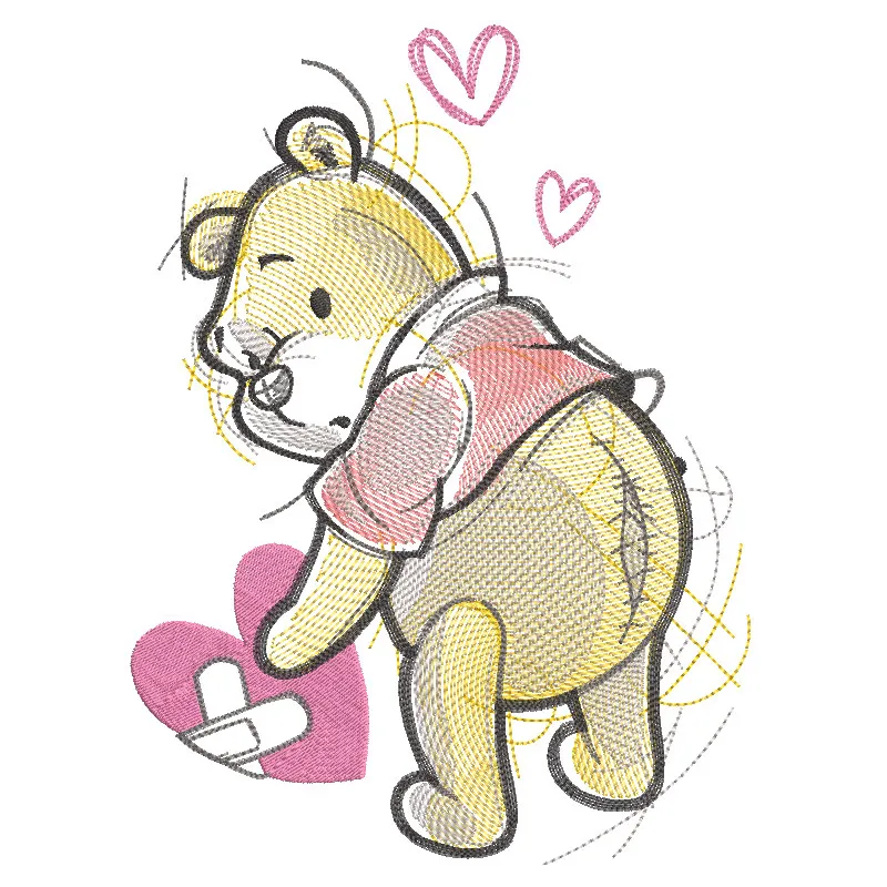 Winnie the Pooh sick heart embroidery design featuring Pooh, Piglet, and Tigger in a playful layout.
