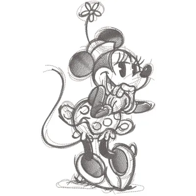 Minnie Mouse greyscale sketch embroidery design featuring a classic outline of her iconic silhouette.