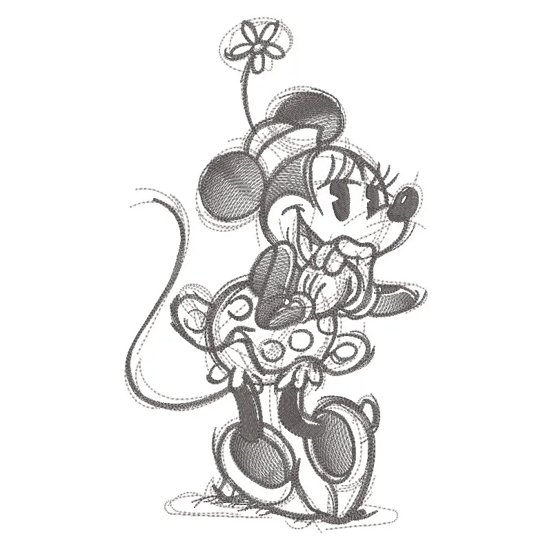 Minnie Mouse greyscale sketch embroidery design featuring a classic outline of her iconic silhouette.