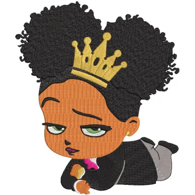 Princess African Boss Baby Girl embroidery design showcasing vibrant colors and intricate patterns for stylish decor.