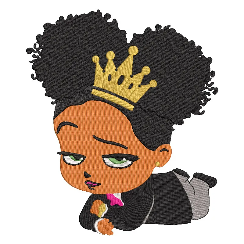 Princess African Boss Baby Girl embroidery design showcasing vibrant colors and intricate patterns for stylish decor.