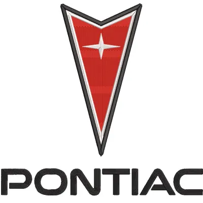 Pontiac logo embroidery design featuring the iconic red and white emblem on a textured fabric background.