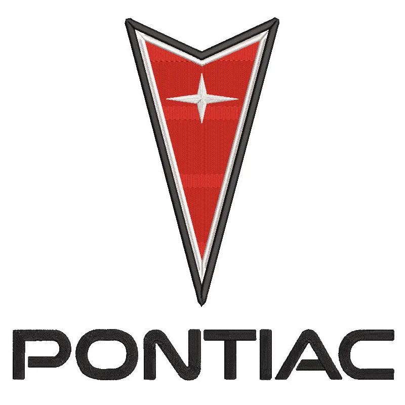 Pontiac logo embroidery design featuring the iconic red and white emblem on a textured fabric background.