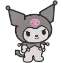 Kuromi embroidery design featuring a playful, mischievous character with a dark hat and pink accents on fabric.
