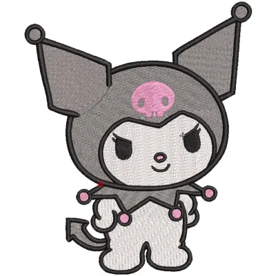 Kuromi embroidery design featuring a playful, mischievous character with a dark hat and pink accents on fabric.
