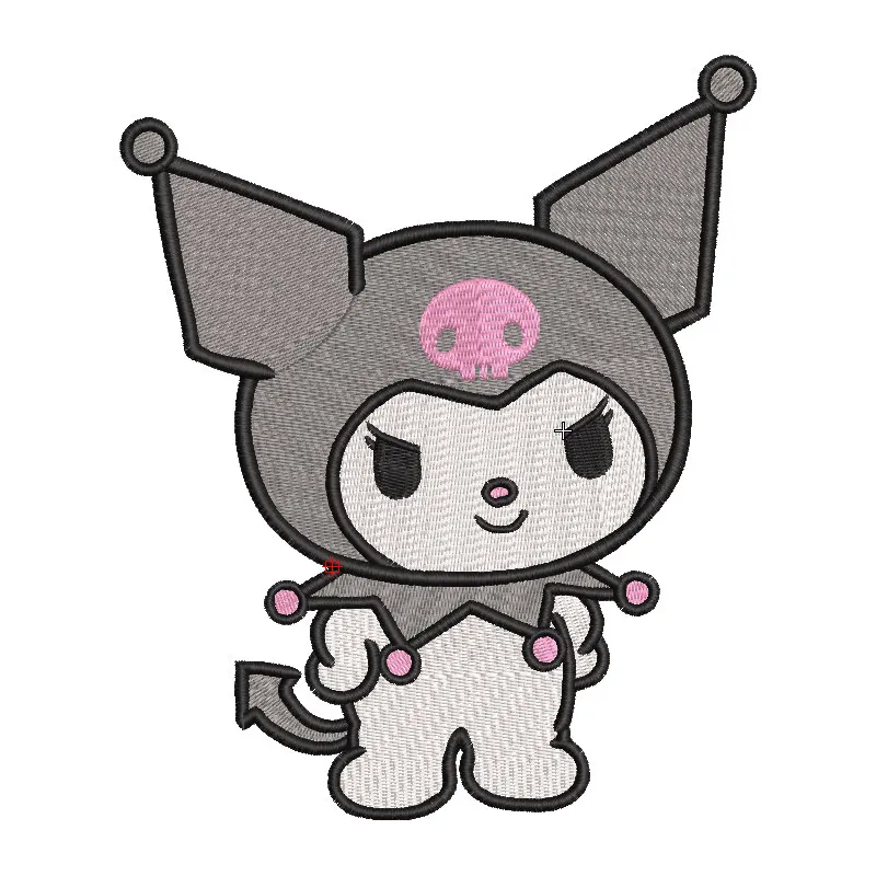 Kuromi embroidery design featuring a playful, mischievous character with a dark hat and pink accents on fabric.