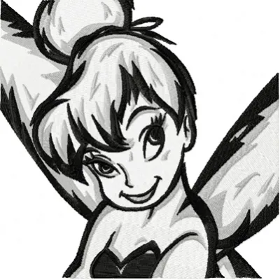 Tinkerbell black and white embroidery design preview showing detailed stitching pattern