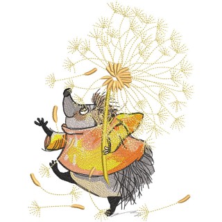 Hedgehog walking with a dandelion embroidery design - Embroidery Design