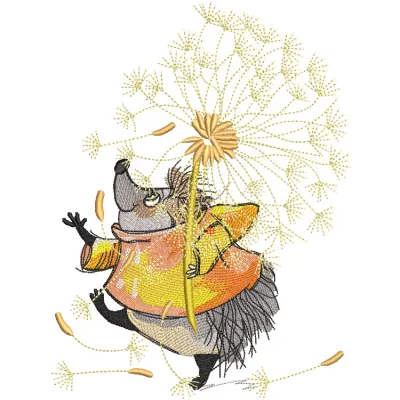 Hedgehog walking with a dandelion embroidery design on its back, showcasing intricate stitching details.