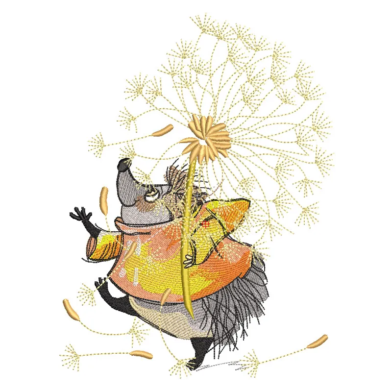 Hedgehog walking with a dandelion embroidery design on its back, showcasing intricate stitching details.