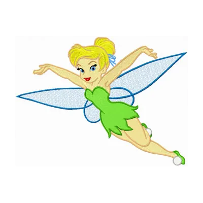 Tinkerbell Flies embroidery design preview showing magical fairy character with sparkle details