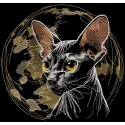 Embroidery design featuring a Sphinx cat against a celestial planet background.