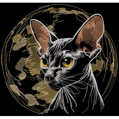 Embroidery design featuring a Sphinx cat against a celestial planet background.
