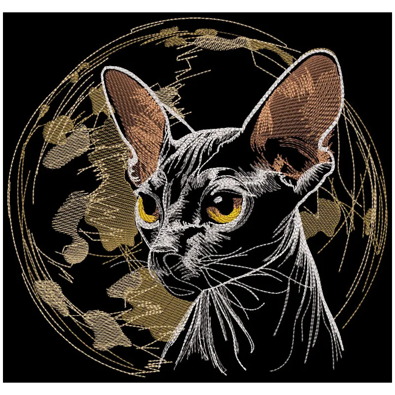Embroidery design featuring a Sphinx cat against a celestial planet background.