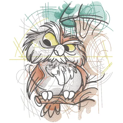 Sketch embroidery design of an owl perched on a branch, inspired by Winnie Pooh characters.