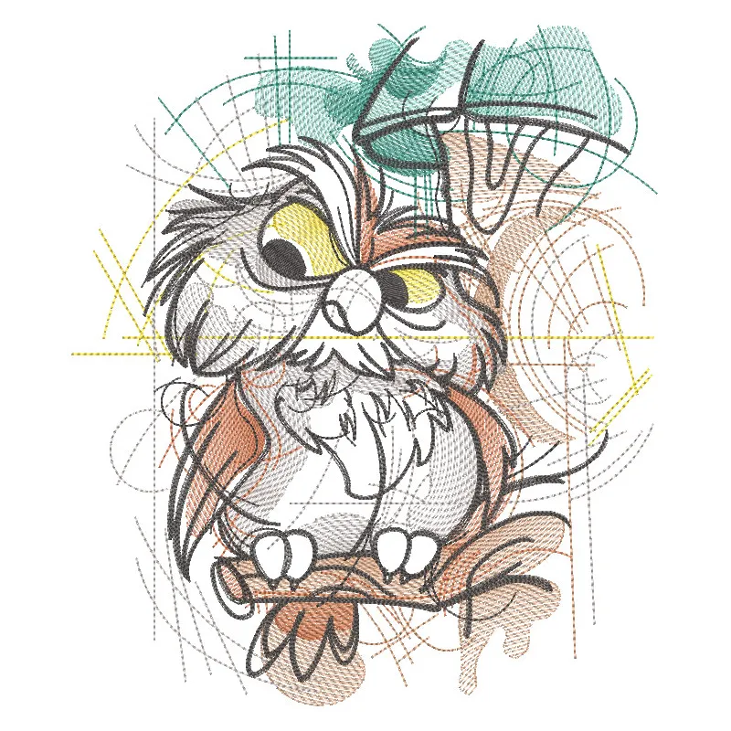 Sketch embroidery design of an owl perched on a branch, inspired by Winnie Pooh characters.