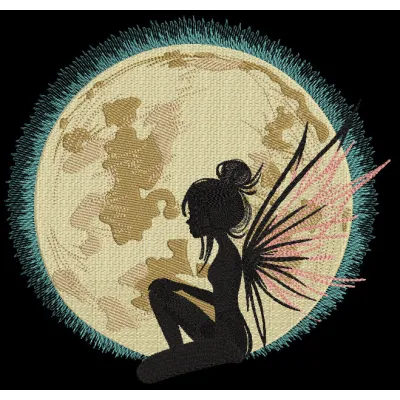 Embroidered design featuring a fairy surrounded by ethereal moonlight and magical elements, titled Fairy Moonlight Magic.