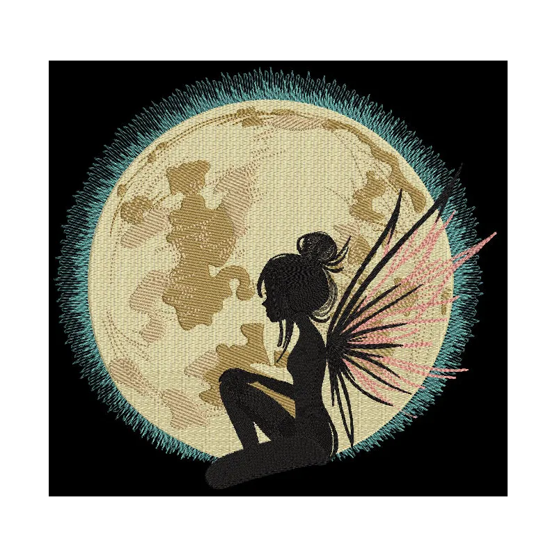 Embroidered design featuring a fairy surrounded by ethereal moonlight and magical elements, titled Fairy Moonlight Magic.