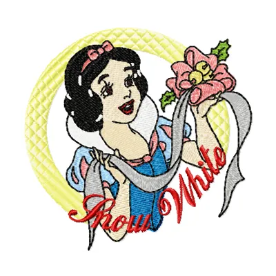 Snow White likes flower embroidery design preview showing stitched character with floral details