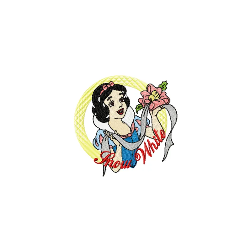 Snow White likes flower embroidery design preview showing stitched character with floral details