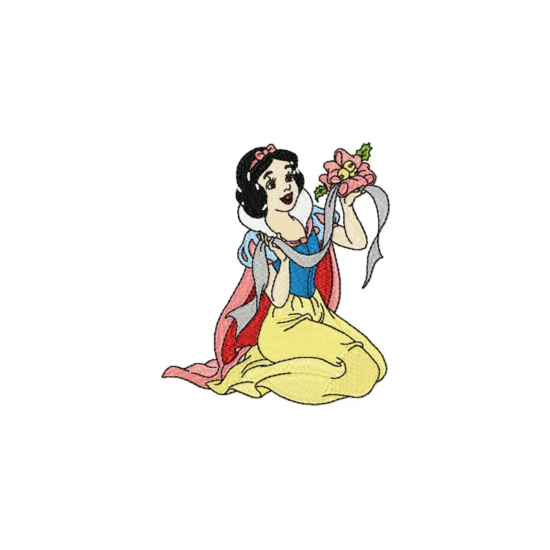 Snow White with flower embroidery design preview showing stitched princess character with floral details