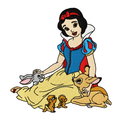 Snow White with friends embroidery design preview showing detailed stitching pattern