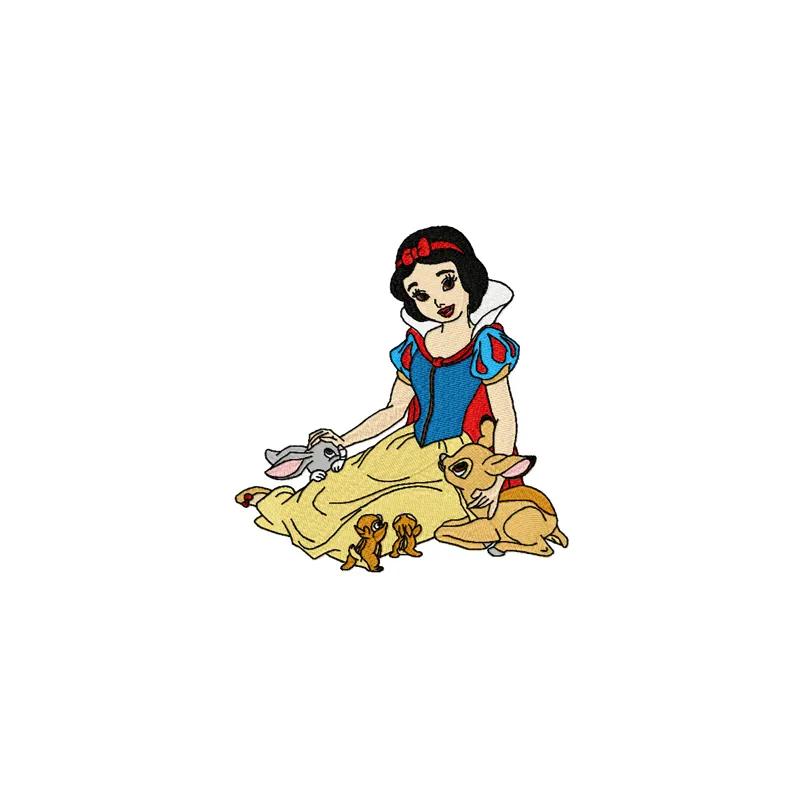 Snow White with friends embroidery design preview showing detailed stitching pattern