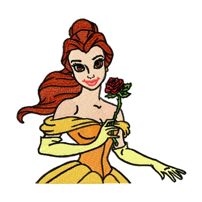 Belle with rose embroidery design preview showing detailed stitching pattern for embroidery machines