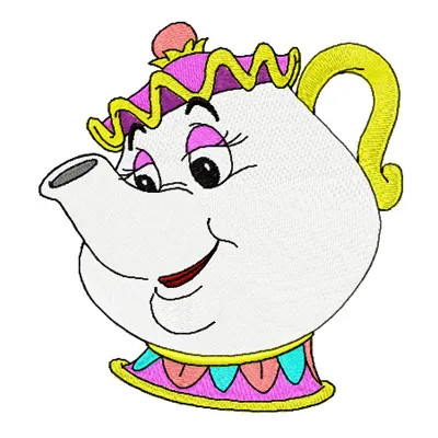 Mrs. Potts embroidery design preview showing detailed stitching pattern for digitized embroidery