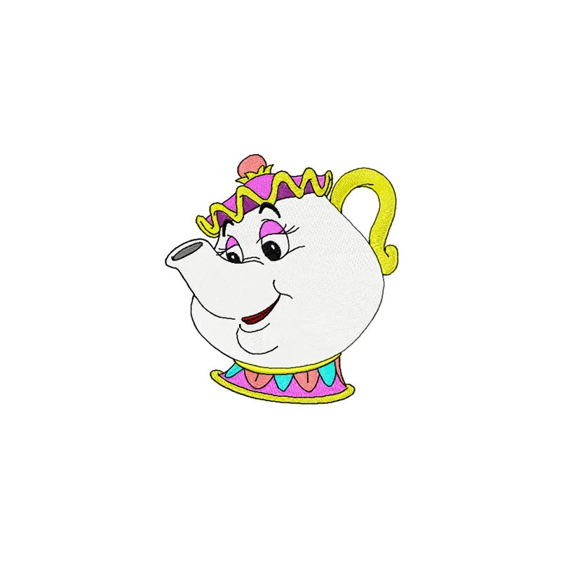 Mrs. Potts embroidery design preview showing detailed stitching pattern for digitized embroidery