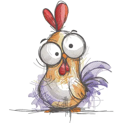 Bright sketch embroidery design of a rooster, showcasing vibrant colors and intricate detailing.