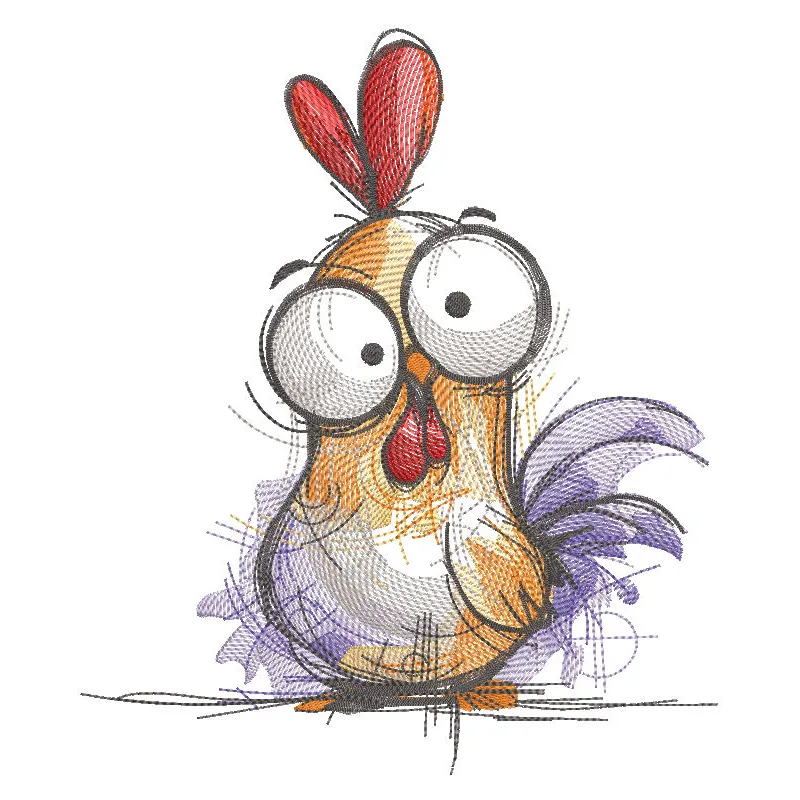 Bright sketch embroidery design of a rooster, showcasing vibrant colors and intricate detailing.