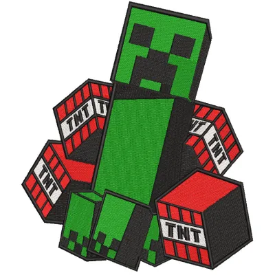 TNT Creeper embroidery design featuring a pixelated green creeper with explosive TNT elements, ideal for Minecraft fans.