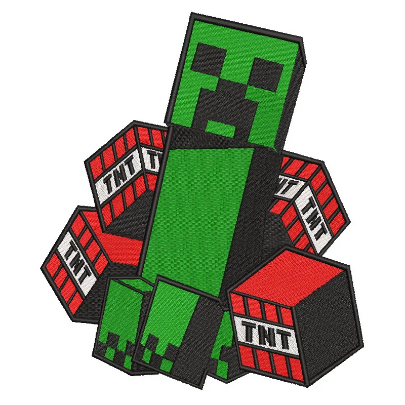 TNT Creeper embroidery design featuring a pixelated green creeper with explosive TNT elements, ideal for Minecraft fans.