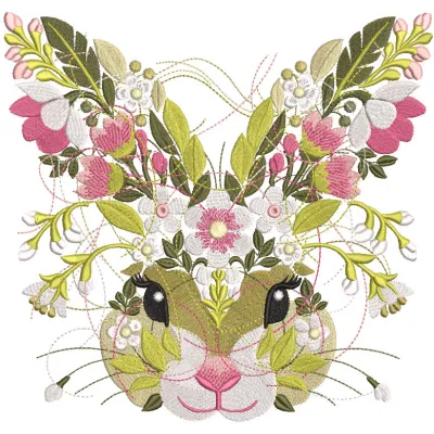 Floral Easter Bunny embroidery design featuring a cute bunny surrounded by colorful flowers.