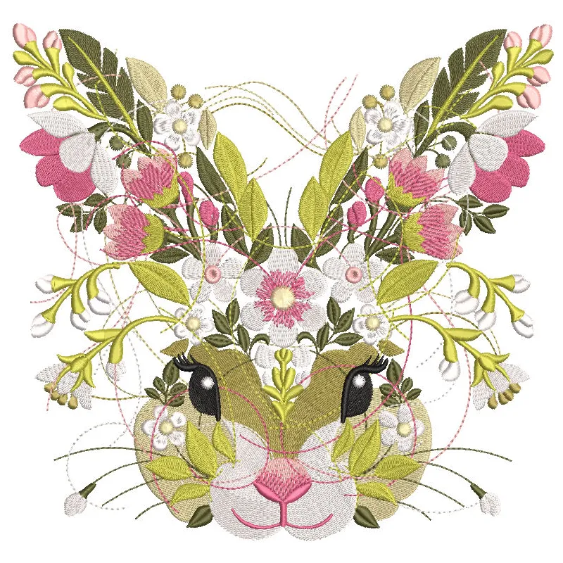 Floral Easter Bunny embroidery design featuring a cute bunny surrounded by colorful flowers.